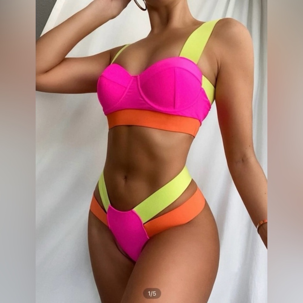 NEW Neon Pink, Yellow, & Orange SHEIN Swimsuit - Strappy Bikini Size Large